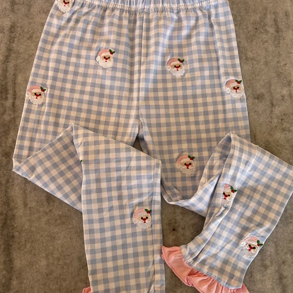 Smocked Flamingo Pink & Blue Gingham Ruffle Santa Pajama Set Size 6
